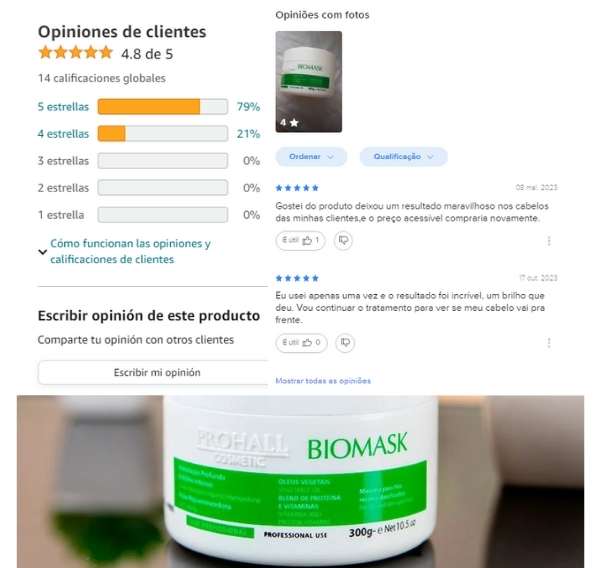 Máscara Ultra Hidratante Brilho Efeito Teia - Biomask Máscara Prohall 300g