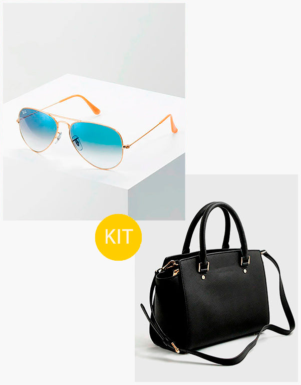 Kit: Óculos de Sol Ray Ban Aviador Azul e Bolsa Preta