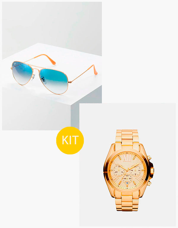 Kit: Óculos de Sol Ray Ban Aviador Azul e Relógio Gold